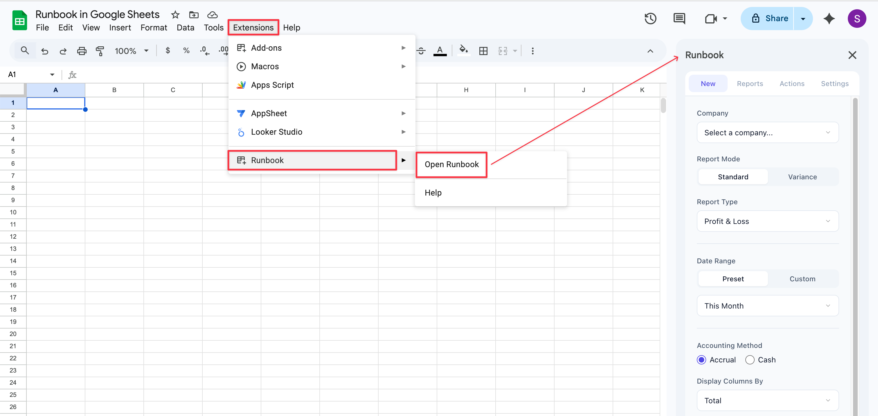 Extensions menu showing Runbook option